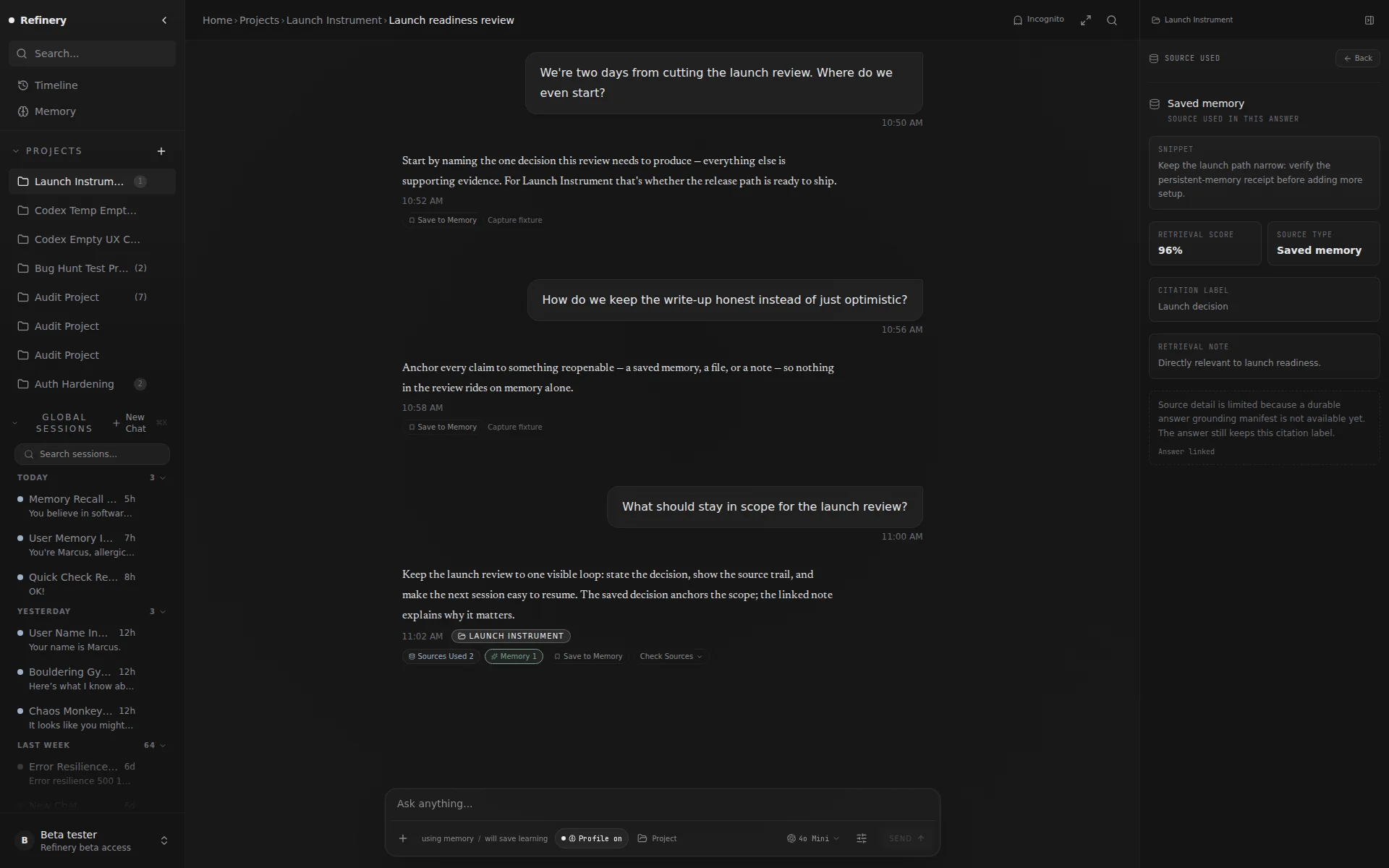 Refinery source inspector showing the evidence and context used for a chat response.