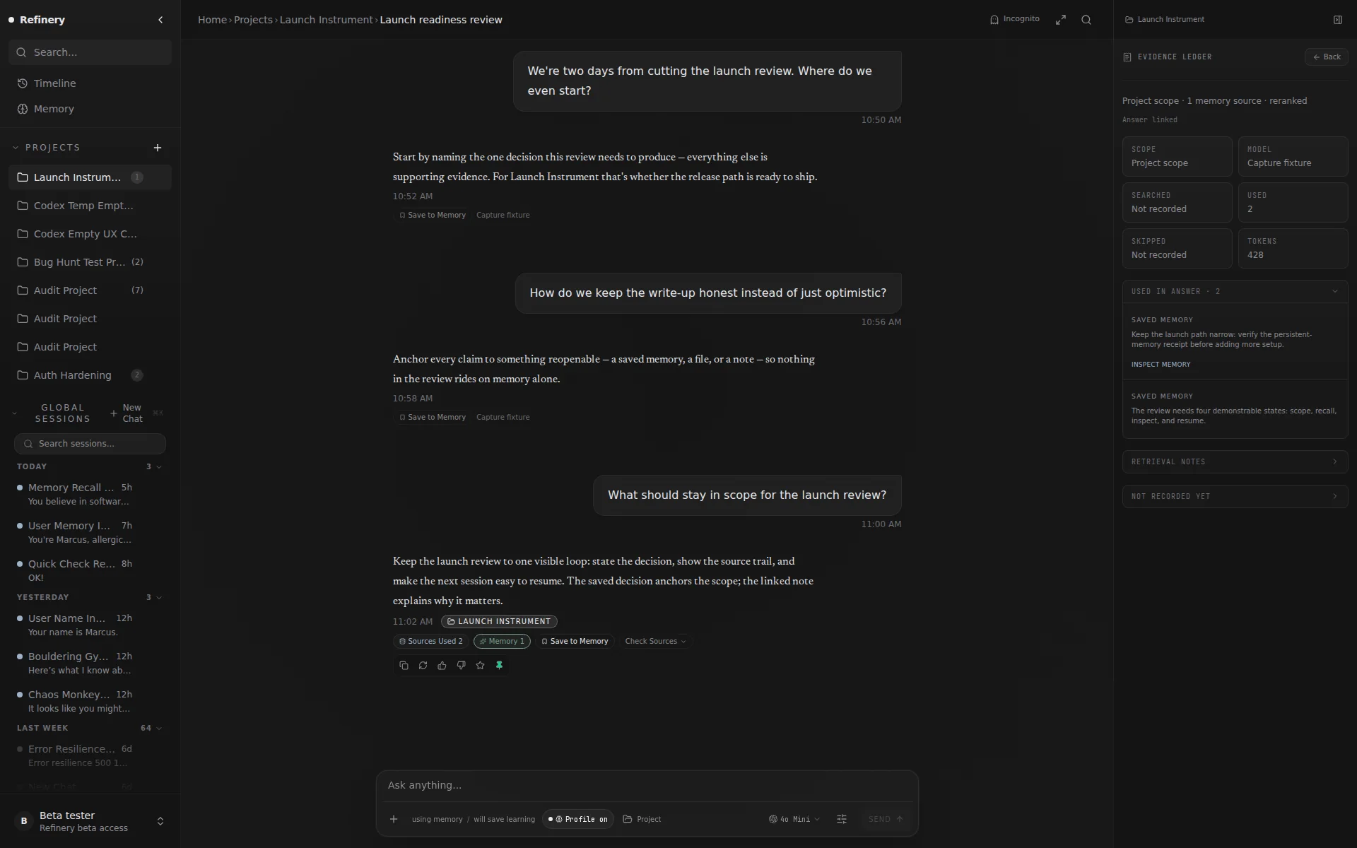 Refinery chat showing relevant project memory recalled alongside the current conversation.