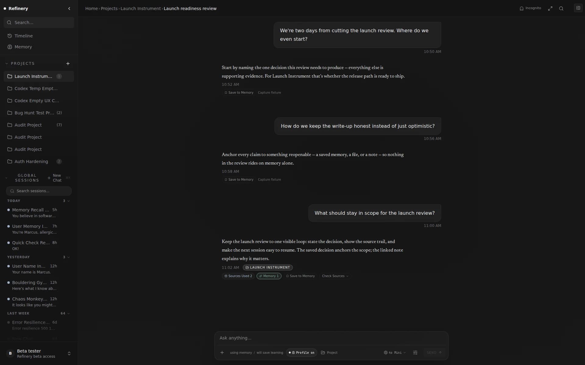 Refinery project workspace showing a question asked inside a scoped project chat.